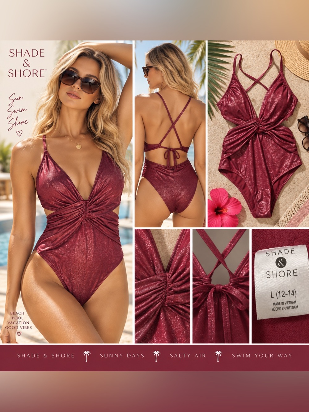 Shade & Shore SZ L Red Shimmer Glam One-Piece Swimsuit
